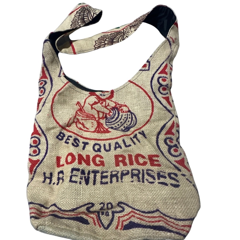 Vintage Burlap Rice Sack Hobo Bag H.R. Enterprises Long Rice Tote Eco Friendly